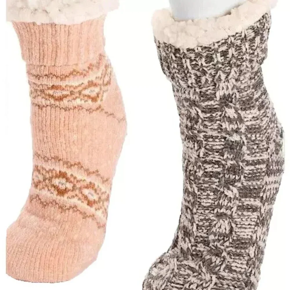 MUK LUKS Women's XL 2 Pack Lined Socks Faux Fur SIZE 8-10 Pink Gray NEW